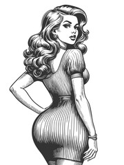 Wall Mural - confident woman in a fitted dress, looking over her shoulder with a glamorous expression sketch engr