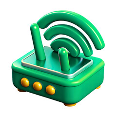 Fototapete - A green 3d wireless router emitting strong internet signal waves isolated on transparent background