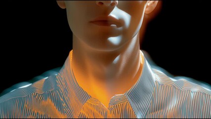 Poster - Close-up of a person in a striped shirt illuminated by colorful light in a dark setting during a creative art project