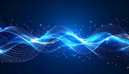 Aufkleber - Abstract blue wave technology background digital network connection with lines dots