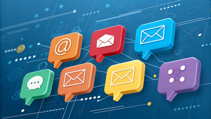 Colorful chat bubbles with email and message icons on a blue tech background with lines and dots