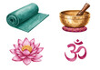© LIUDMYLA - Watercolor yoga and meditation icon set with lotus, Om symbol, singing bowl, and yoga mat isolated on transparent background