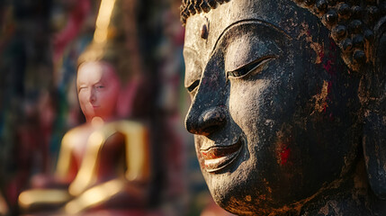 Poster - beautiful face of Buddha image, Closeup face of gold Buddha statue