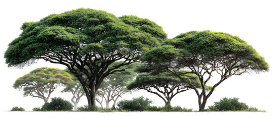 Poster - Isolated African Acacia trees with dense green foliage on a white background arranged in a linear composition for graphic design use