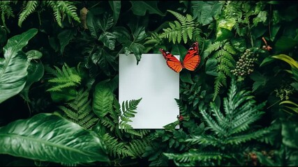 Poster - Colorful butterfly resting on green foliage next to a blank piece of paper in a lush garden setting