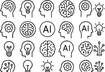 Fototapete - Human head brain gear lightbulb circuit board A I icons artificial intelligence cogwheel