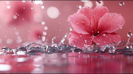Poster - Flower floating in water with sparkling droplets during a serene moment