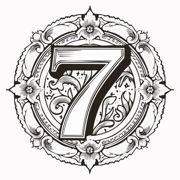 Number seven with 3d bevel classic ornaments, engraving, and linocut style illustration
