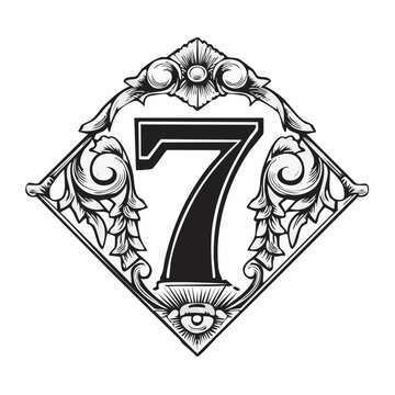 Number seven with 3d bevel classic ornaments, engraving, and linocut style illustration

