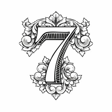 Number seven with 3d bevel classic ornaments, engraving, and linocut style illustration
