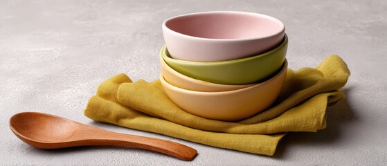 Poster - Aesthetic Stacked Ceramic Bowls in Soft Pastel Colors on Fabric