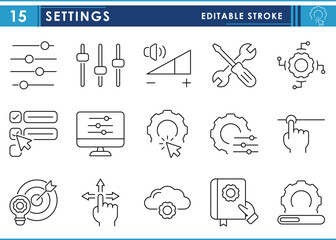 Leinwandbilder - A set of line icons related to Settings. Setup, computer, user interface, tools, and so on. Vector editable stroke.