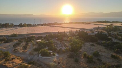 Wall Mural - Aerial view of farmland at sunset with golden light spreading over sea and distant mountains. Trees and fields form peaceful rural scene under warm sky, capturing beauty of nature and evening calm.
