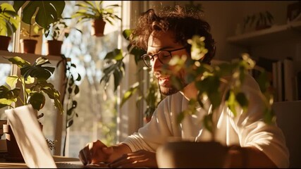 Aufkleber - Young man working on laptop surrounded by houseplants in cozy indoor space during afternoon sunlight