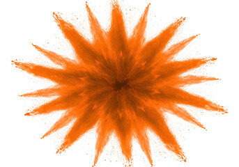Poster - A vibrant orange powder explosion bursts outward in a symmetrical pattern, isolated on transparent background, creating a dynamic and abstract design