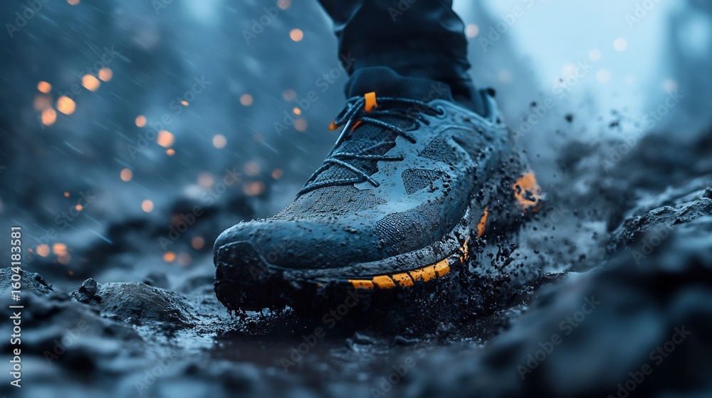 Trail running shoes a muddy mountain trail with dynamic lighting no ...