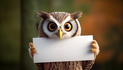 an owl holding a sign with a big eye on it's face and holding it in its paws with both hands and a big eye on it's face 