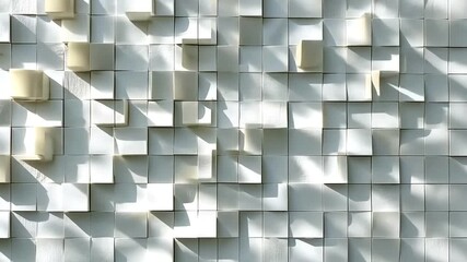 Abstract architectural wall with white square tiles and dynamic shadows creating a visually
