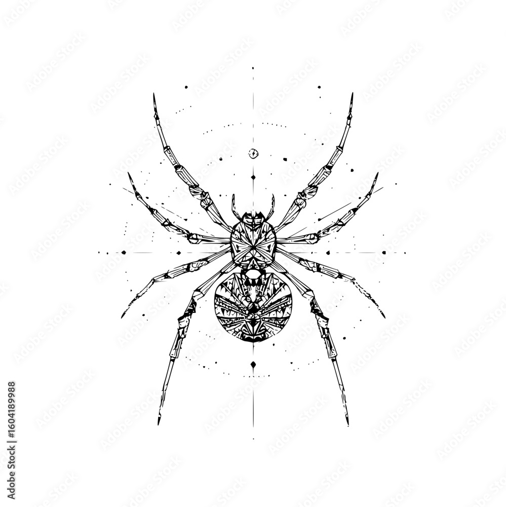 Detailed line art of a spider with geometric patterns and radial lines ...