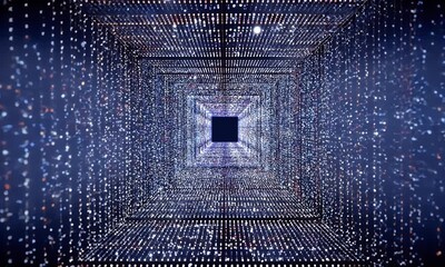 Poster - Abstract Digital Tunnel With Glowing Blue Dots And Square Center For Technological And Futuristic Concept
