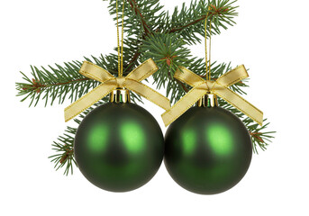 Wall Mural - Two green christmas ornaments with gold ribbons hang from a fir branch, isolated on transparent background, ready for the holidays