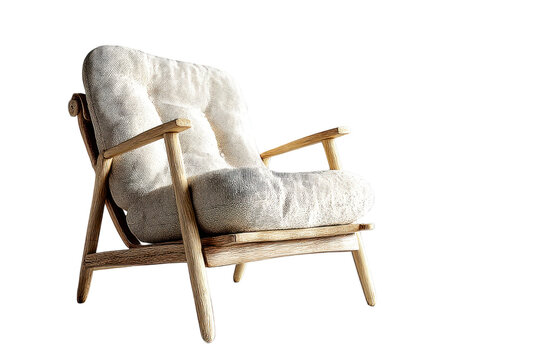 Elegant armchair with wooden frame and cozy cushion against a transparent background