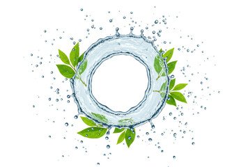 Poster - A refreshing water splash forms a perfect ring, adorned with vibrant green leaves, isolated on transparent background