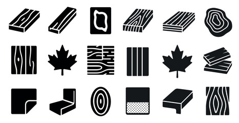Wood texture solid icons set – silhouette, pattern, material design symbols
