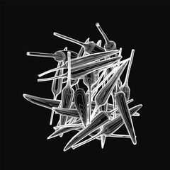 Poster - A vector illustration of scattered chili pepper outlines in white lines on a black background, featuring a messy pile of overlapping peppers with varying shapes and sizes.
