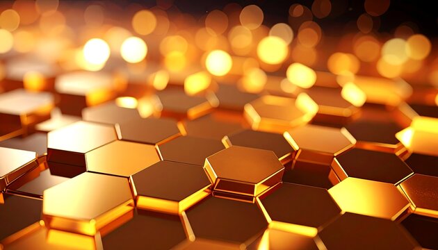 Abstract golden hexagonal background with blurred bokeh lights shimmering elegantly