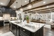 © Wanlisjutawani - Open-concept kitchen with dark cabinets and exposed beams