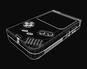 Fototapete - A black and white contour drawing of a video game console with intricate details stands out against a dark background, highlighting buttons, ports, and a sleek design.
