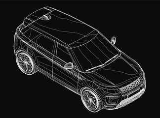 Poster - A 3D wireframe model of a car displays its sleek contours and detailed structure on a black background. The clean lines highlight the car's modern design and aerodynamic shape.
