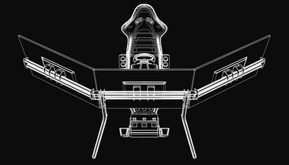 Poster - A sleek black and white drone features an integrated gaming chair with a comfortable seat, designed for immersive simulator experiences. The contour lines emphasize its futuristic and ergonomic.