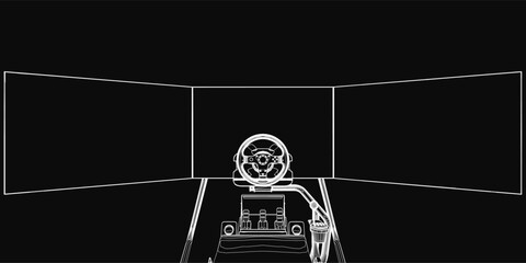 Poster - A sleek black and white contour drawing of a racing simulator chair with a steering wheel, featuring clean minimalist lines and a comfortable seat design.