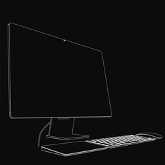 Fototapete - A sleek monoblock computer with a keyboard and mouse sits on a black background, highlighting its clean contour. The minimalist setup emphasizes modern technology and productivity.