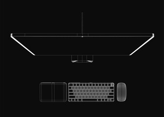 Poster - A sleek monoblock sits on a black background with a glossy finish, paired with a keyboard and wireless mouse. The setup features a numeric keypad and trackpad for efficient workflow.