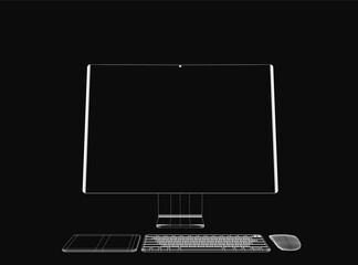 Fototapete - A monoblock computer with a sleek keyboard and mouse sits on a black background, featuring a wireframe design. The setup highlights modern technology with clean lines and minimalistic aesthetics.