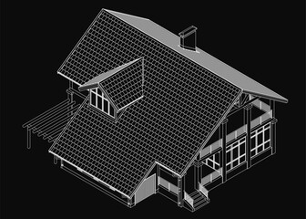 Poster - A black and white contour drawing of a house featuring a prominent pitched roof, clean lines, and simple architectural details. The minimalist design highlights the structure's shape and form.