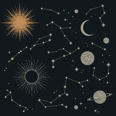 celestial illustration featuring constellations, planets, suns, and a crescent moon scattered across