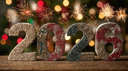 Wall Mural - happy new year 2026 celebration with sparklers and fireworks, new year party atmosphere with bright 