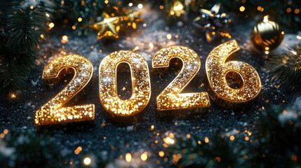 Wall Mural - golden shiny happy new year 2026 lettering animation with sparkling effects, festive christmas celeb