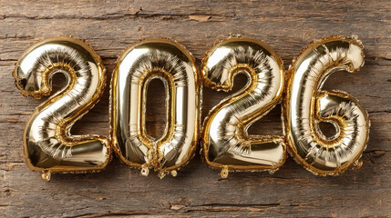 Wall Mural - golden foil balloons shaped as numbers 2026, symbolizing happy new year celebration, holiday greetin