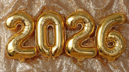 Wall Mural - golden foil balloons shaped as numbers 2026, symbolizing happy new year celebration, holiday greetin