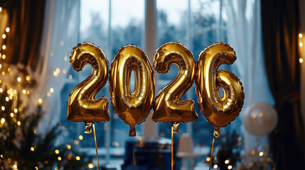 Wall Mural - golden foil balloons shaped as numbers 2026 on a festive bright background with bokeh lights, symbol