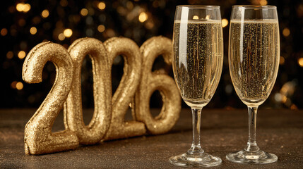 Wall Mural - two champagne glasses with golden 2026 numbers on a dark shimmering background, creating a festive c