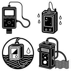 Poster - Four black and white illustrations of water testing devices with tubes and water droplets shown here