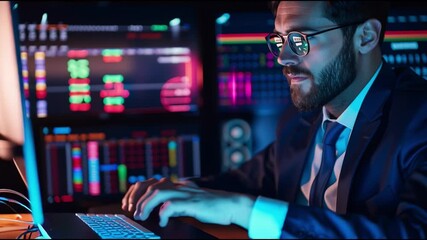 Poster - Close-up of a focused man in glasses analyzing data in a modern tech environment