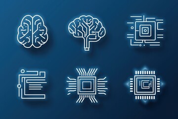 Aufkleber - Abstract line art icons of AI, big data, and neural networks with gradient blue outlines on dark background, futuristic tech concept.