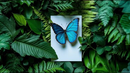 Poster - Beautiful blue butterfly resting on green leaves beside a blank sheet of paper in a serene forest setting